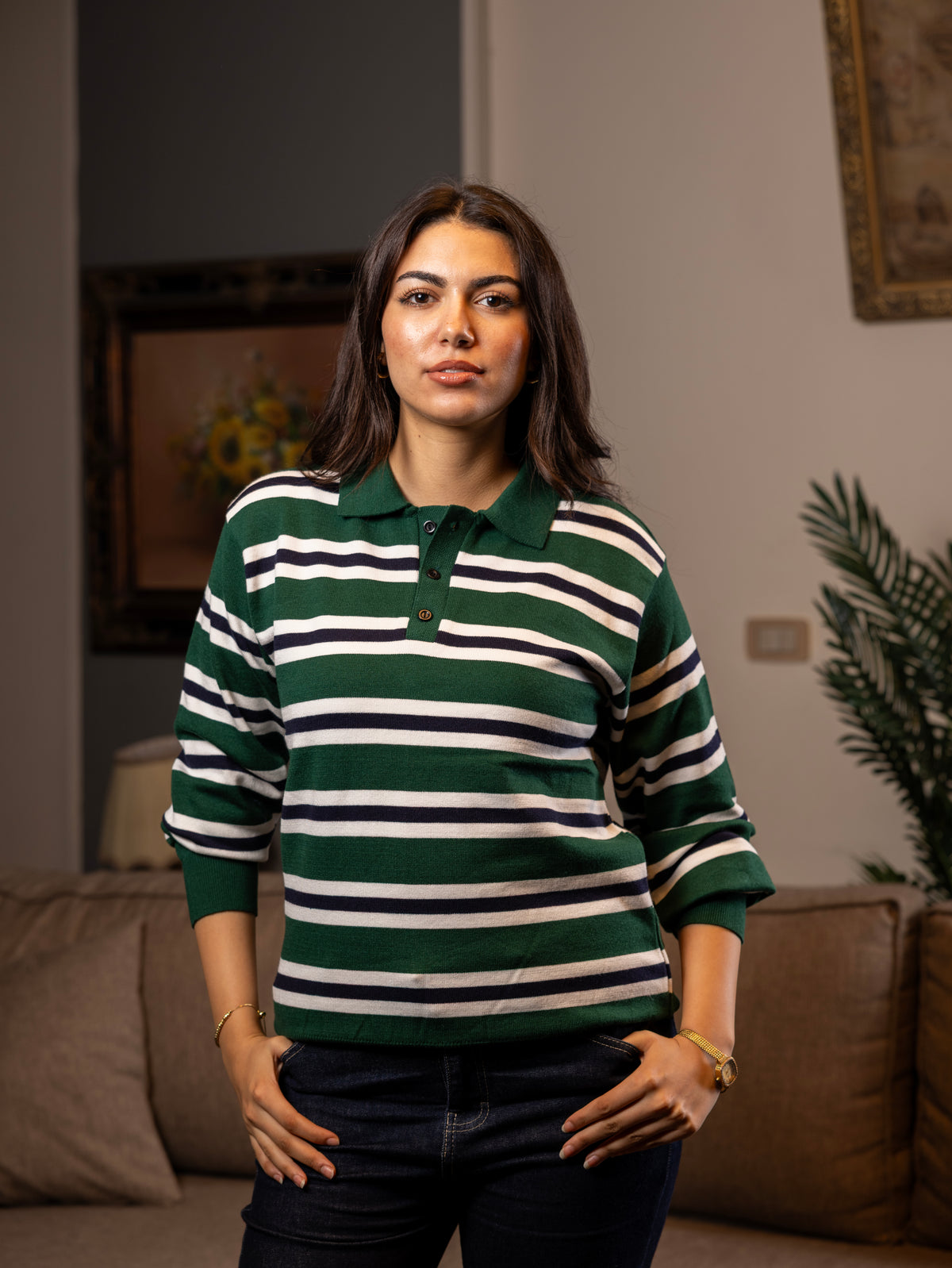 Green Striped Knit Sweater