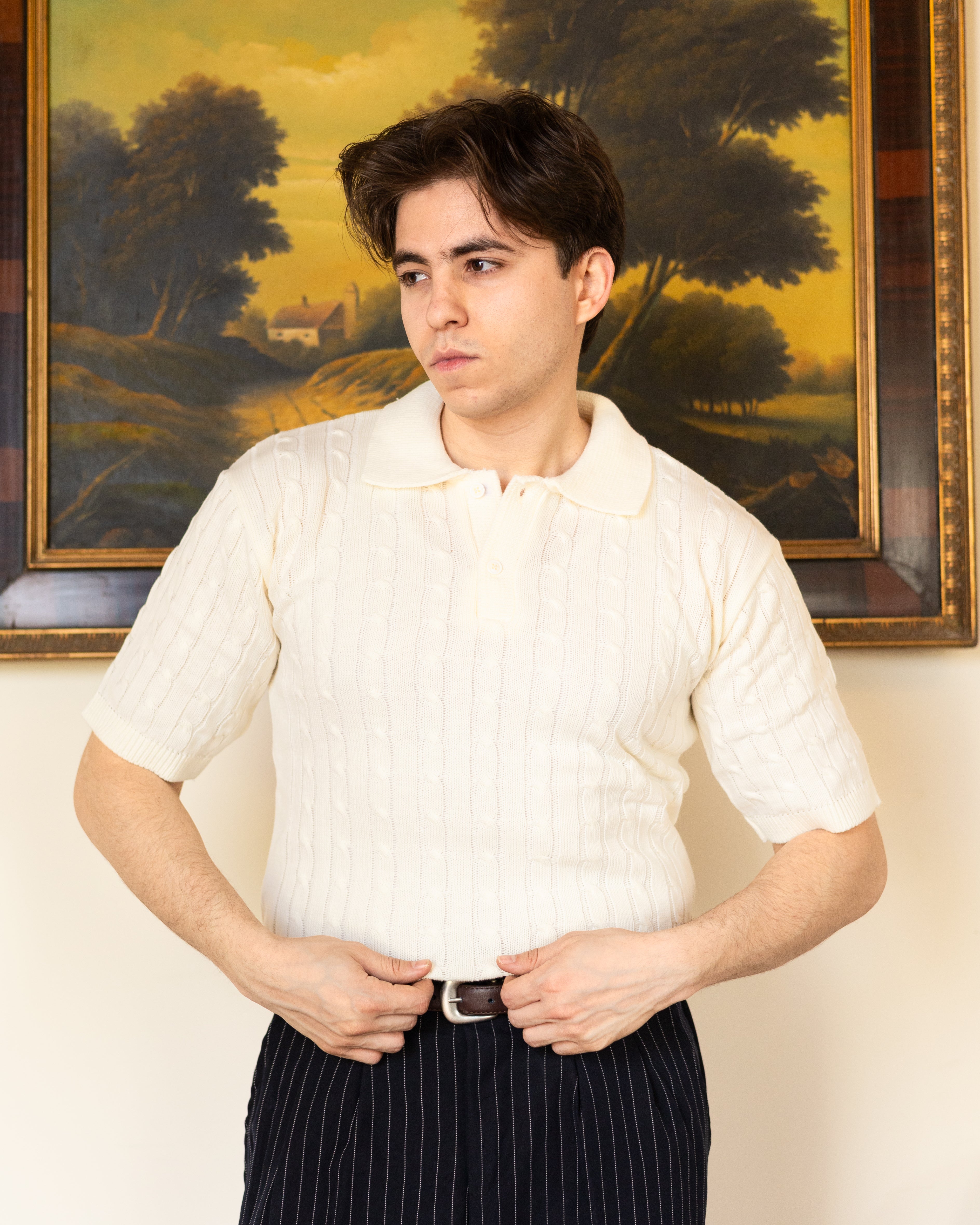 White Twist Knit Polo - Him