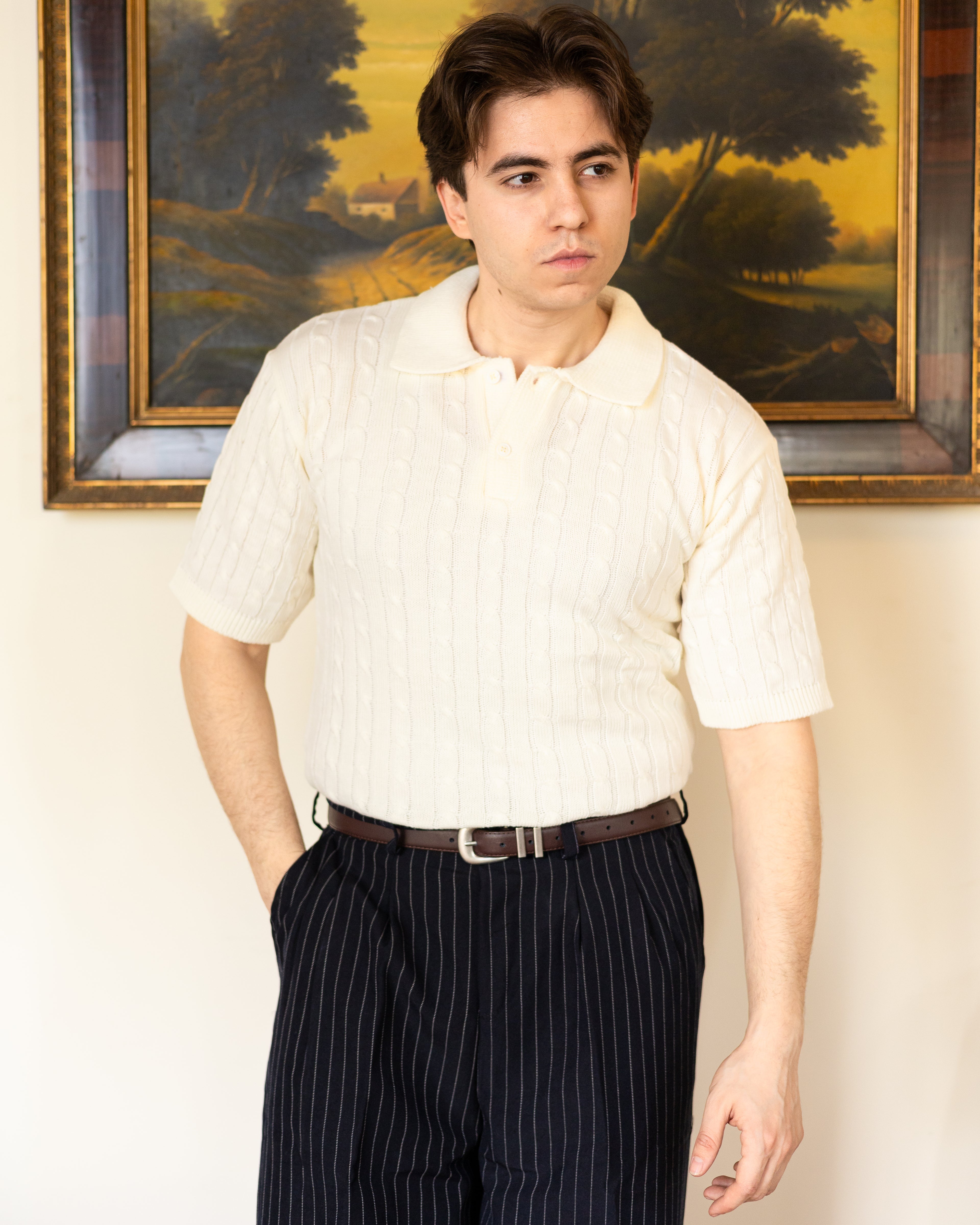 White Twist Knit Polo - Him