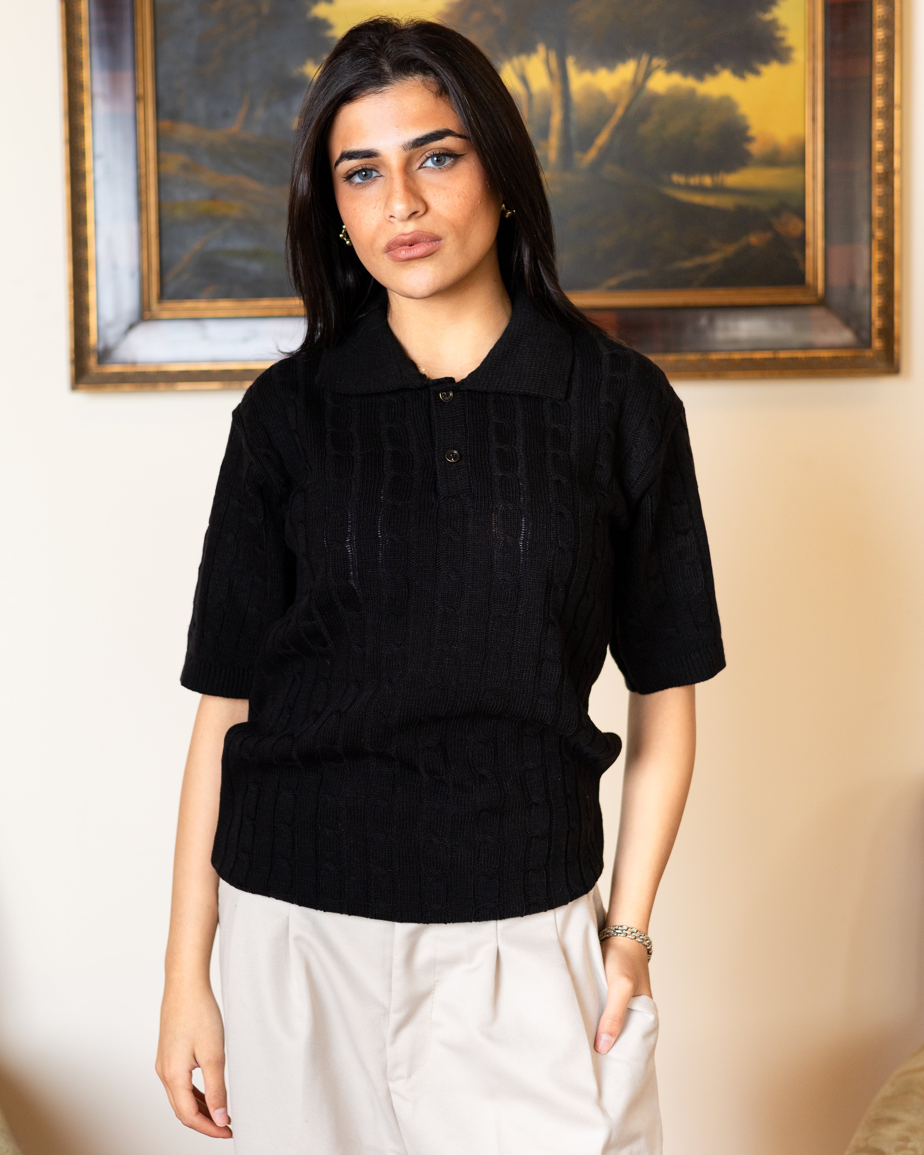 Black Twist Knit Polo - Her