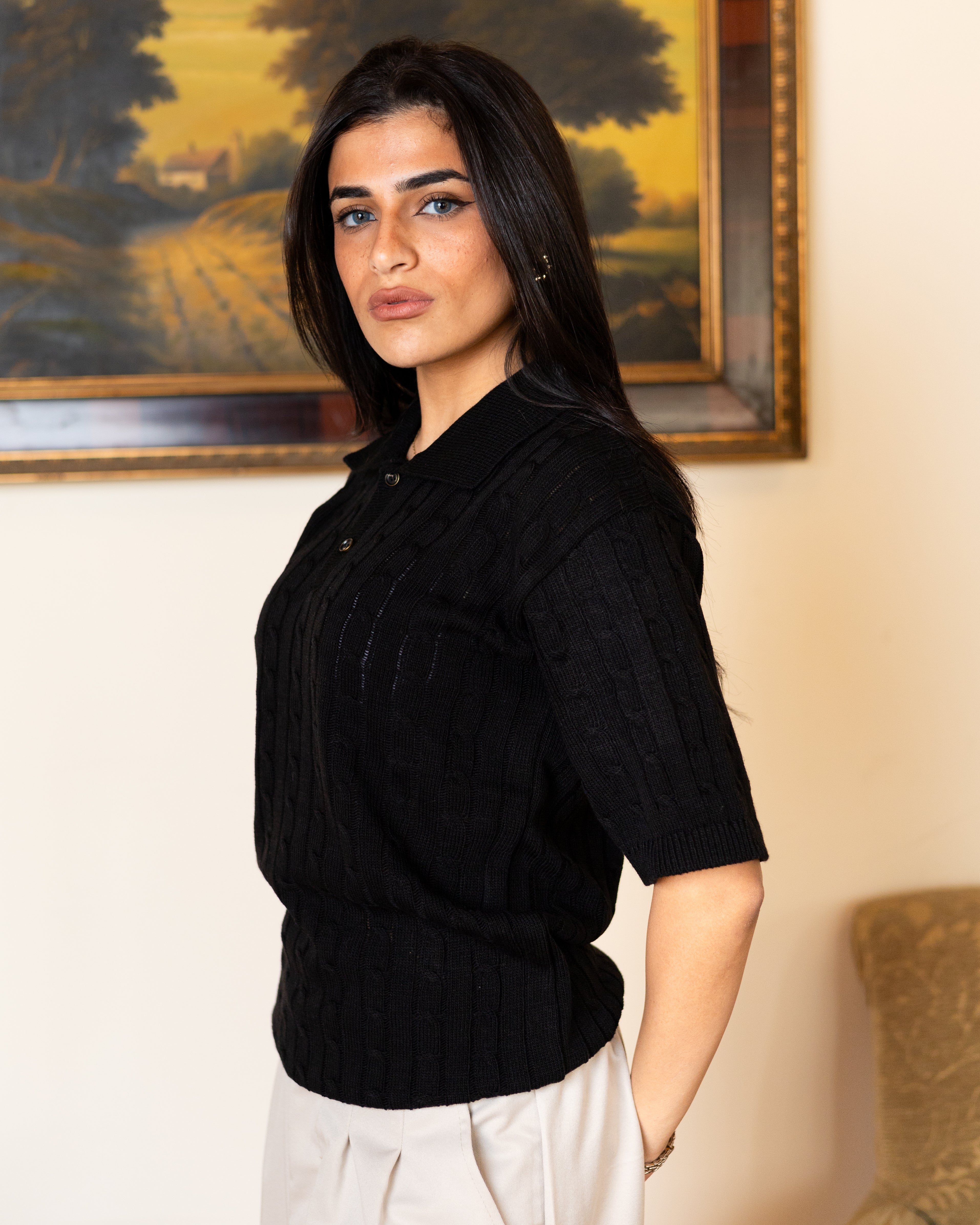 Black Twist Knit Polo - Her