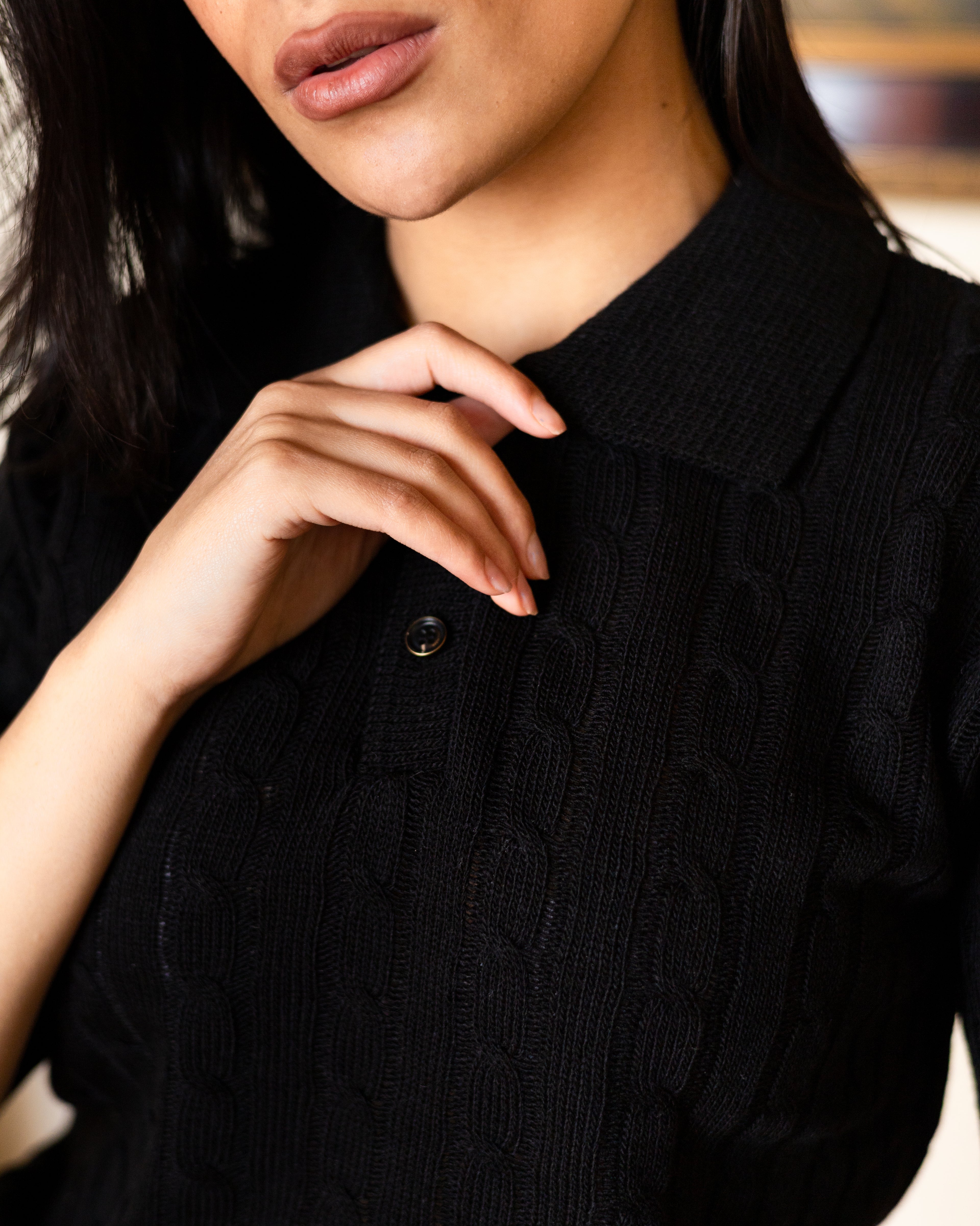 Black Twist Knit Polo - Her