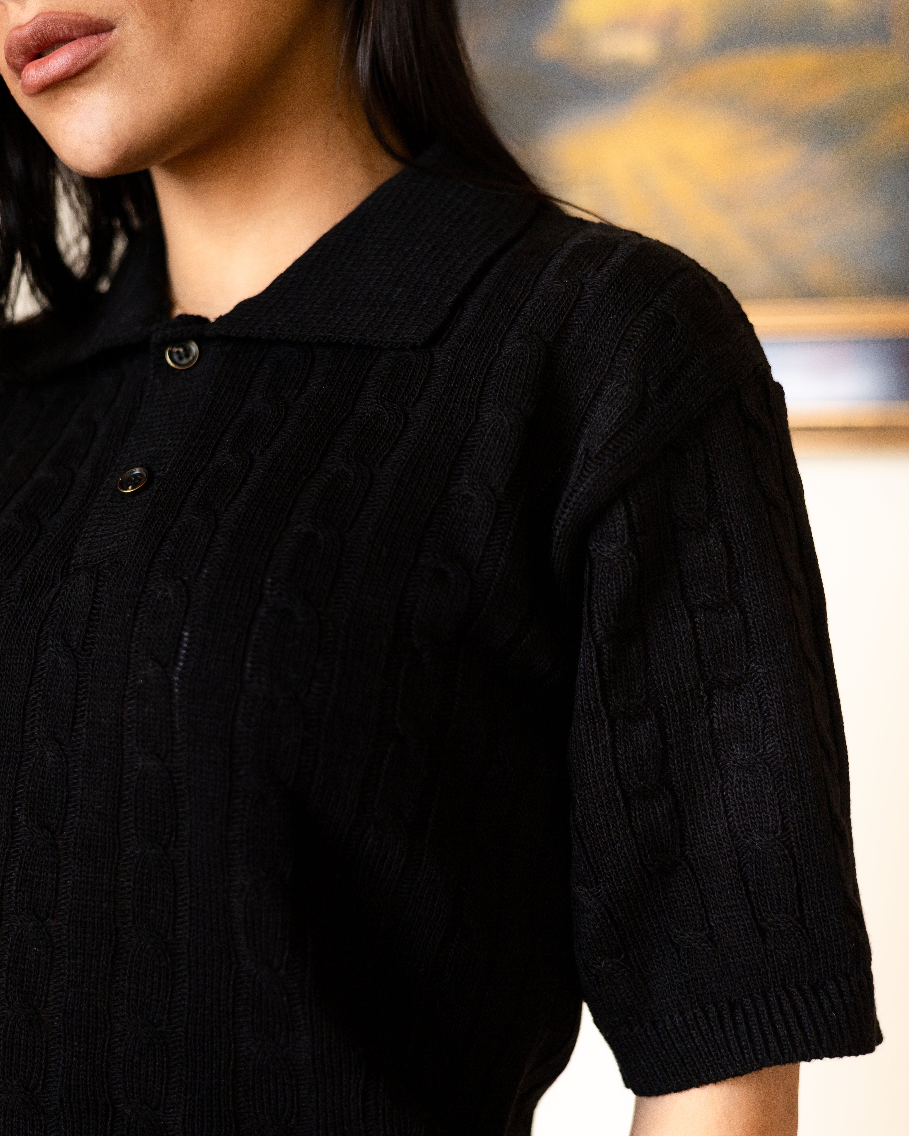 Black Twist Knit Polo - Her