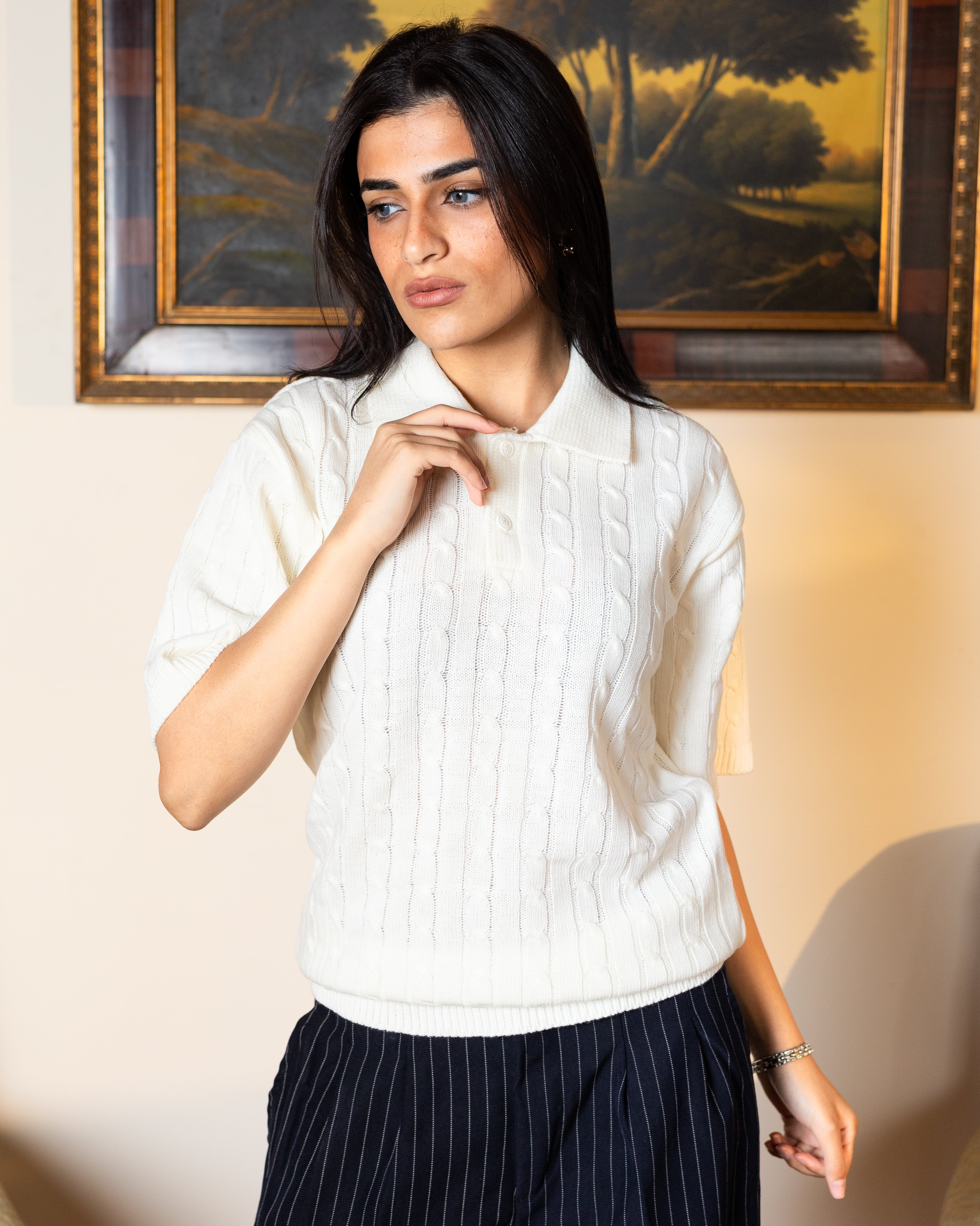 White Twist Knit Polo - Her