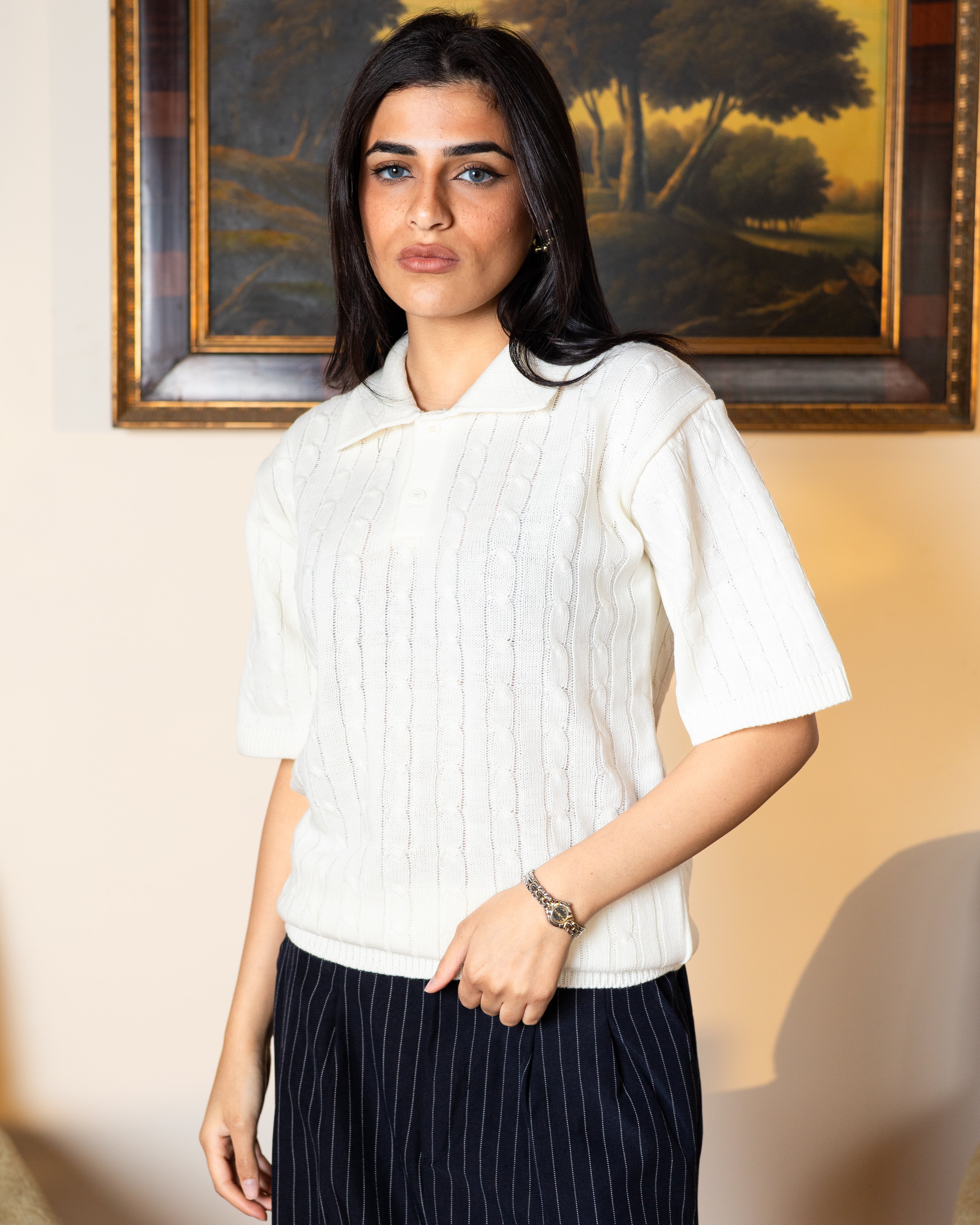 White Twist Knit Polo - Her