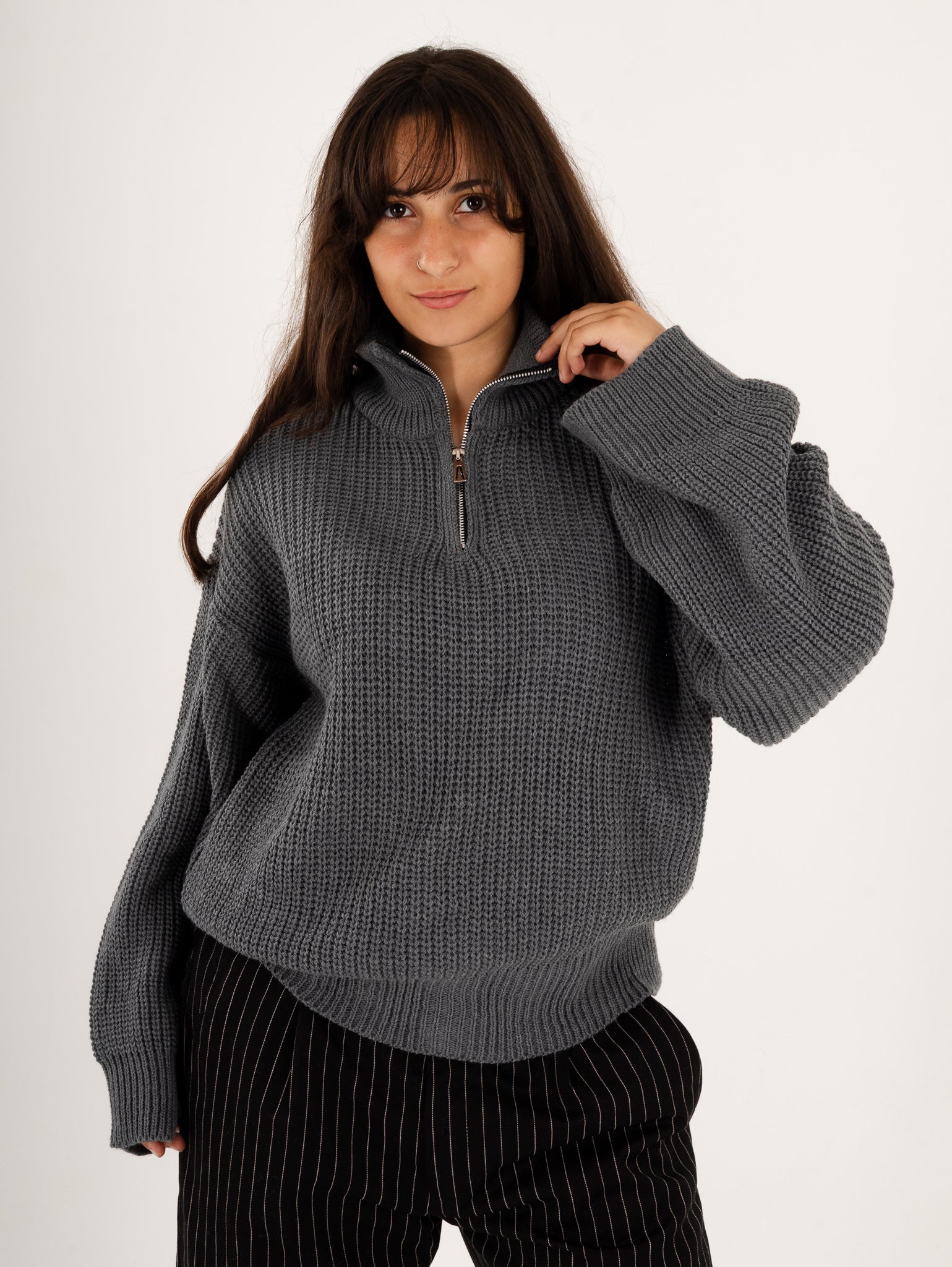 Custom Quarter Zipper With Pinstriped Navy Pants